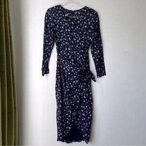 Vintage 90s Knapp Studio Blue Floral Wrap Midi Dress S